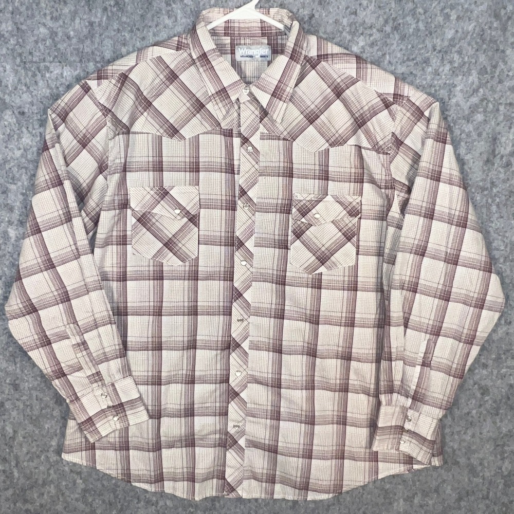 Wrangler Wrancher Men's XXL Plaid Western Pearl Snap Long Sleeve Shirt Burgundy